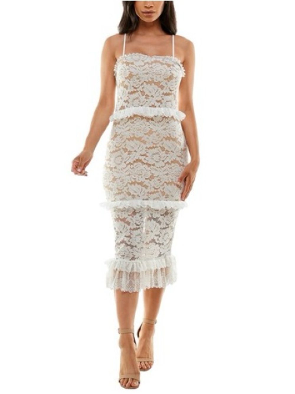 Bebe White Lace Midi Dress with Tulle Trim Sz XS